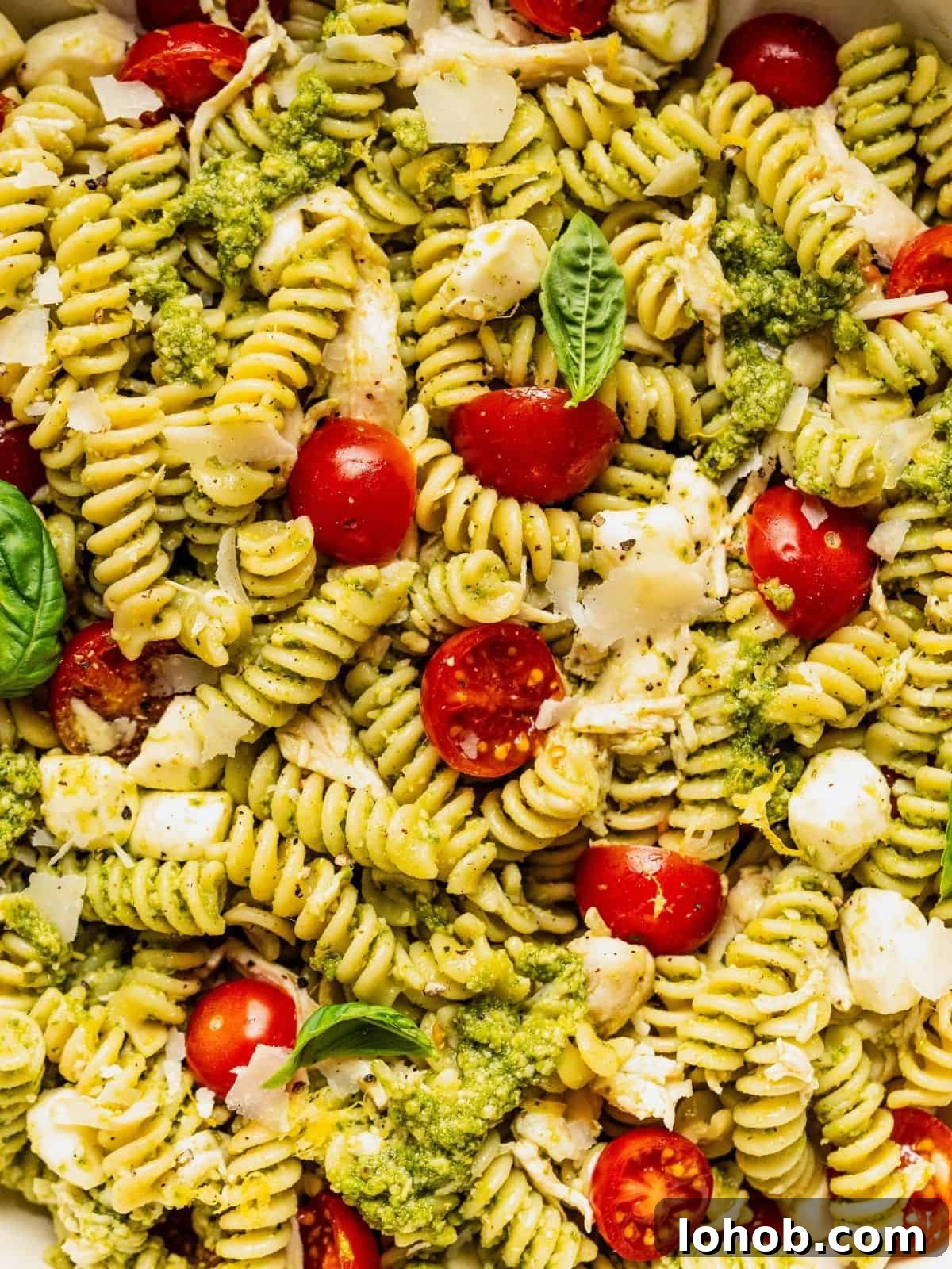 Grilled Chicken Pesto Pasta Salad with Sun-Dried Tomatoes 10 Chicken and pesto pasta salad garnished with basil leaves and shaved parmesan.