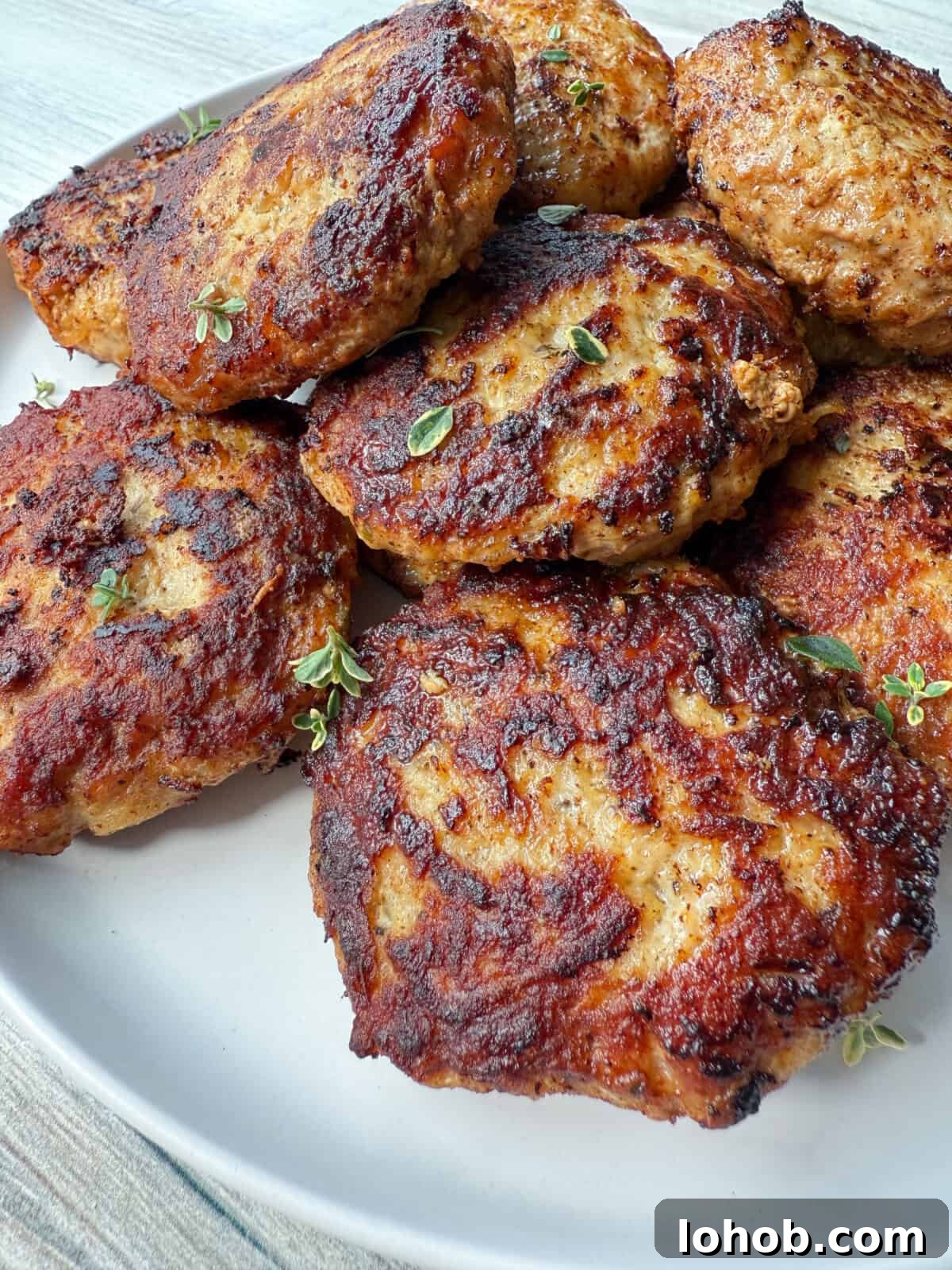 Homemade Breakfast Sausage Recipe for Juicy Flavor and Quick Prep 3 A plate of browned, grilled chicken patties garnished with small sprigs of fresh herbs, displayed on a white plate.