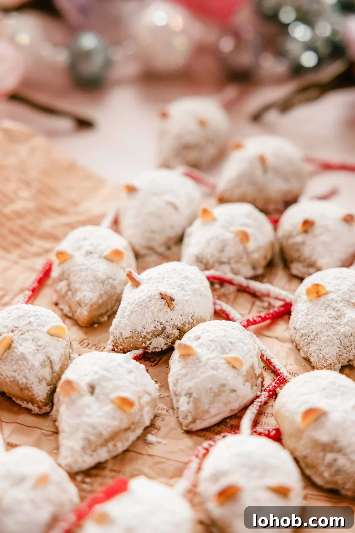 christmas mice cookies dusted with powdered sugar on parchment paper