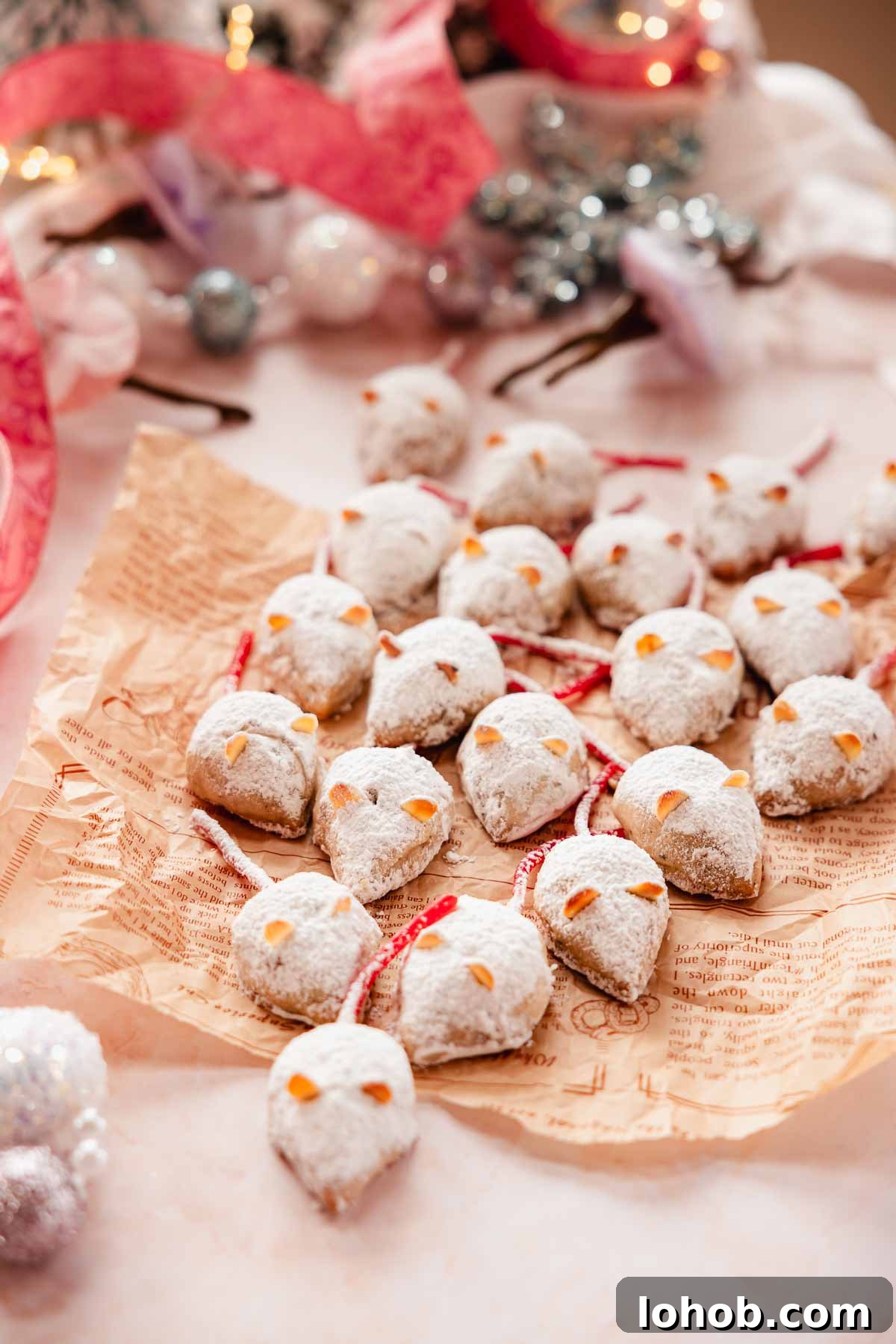 christmas mice cookies on parchment paper