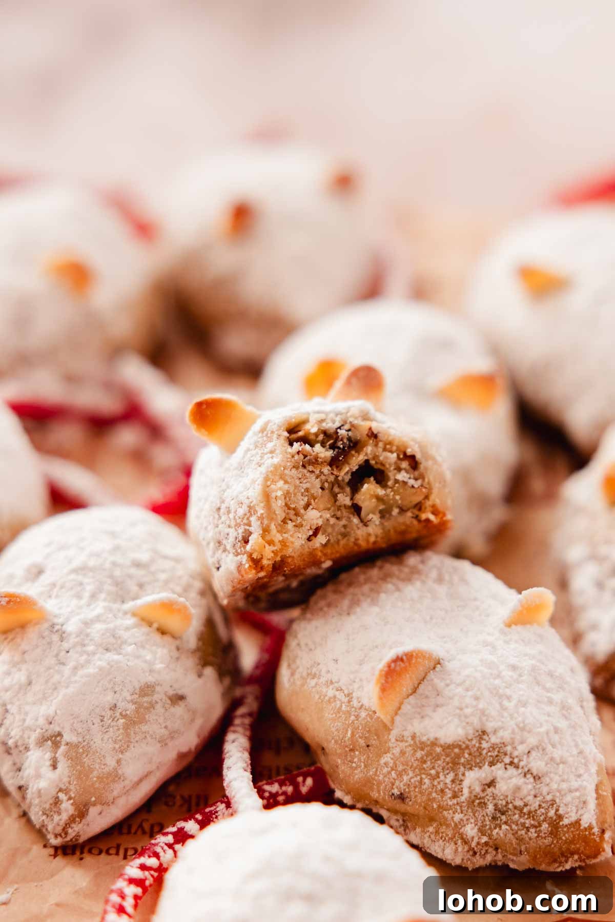 bitten mouse snowball cookie to show sandy, crisp texture