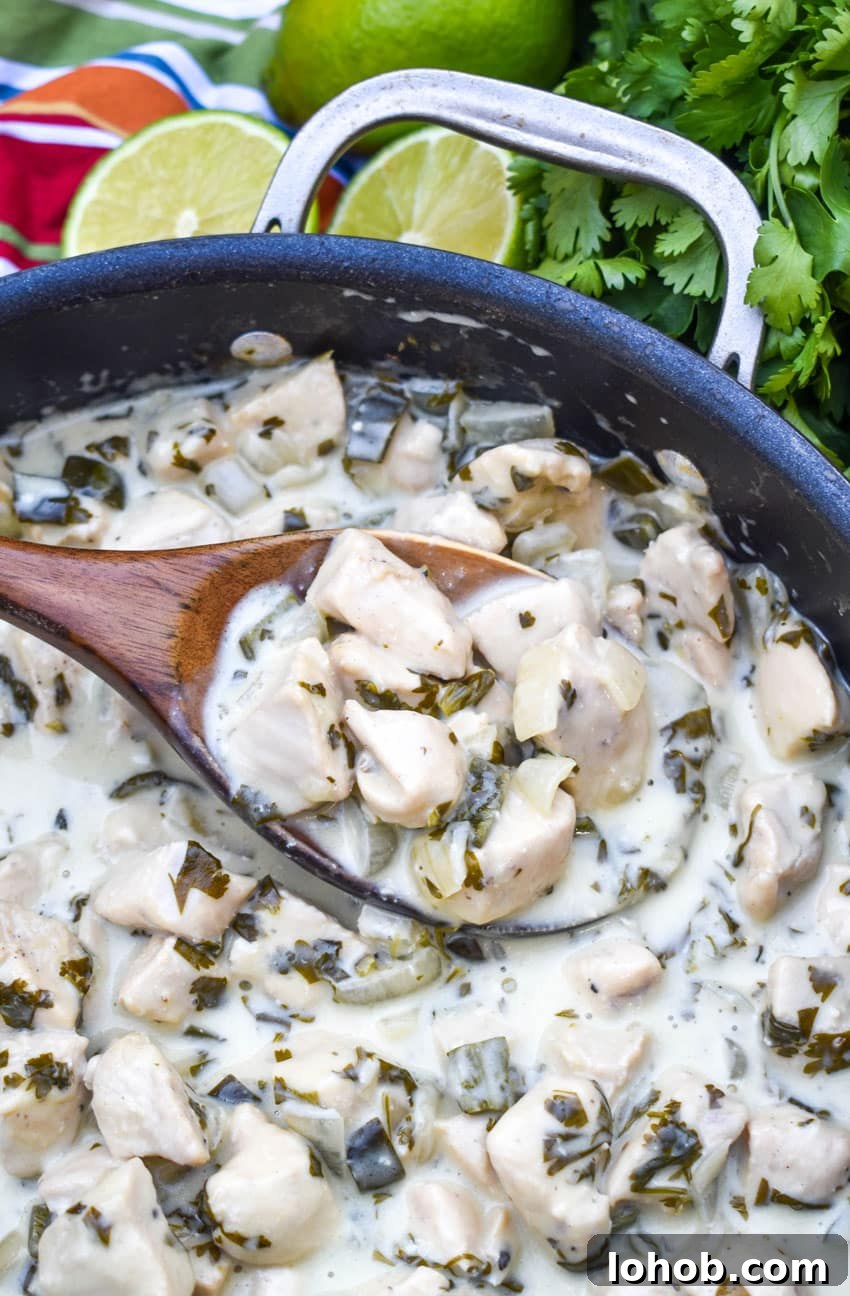 A WOODEN SPOON SCOOPING CREAMY POBLANO CHICKEN OUT OF A BLACK SKILLET