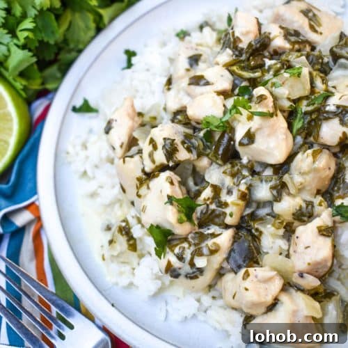 CREAMY POBLANO CHICKEN OVER STEAMED WHITE RICE ON A WHITE PLATE