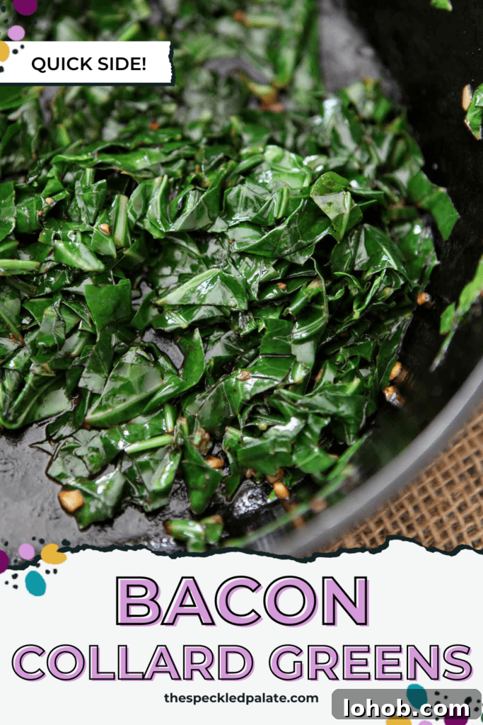 Smoky Bacon Collard Greens Recipe That Melts in Your Mouth 4 Close up of a skillet with sauteed greens in it with the text bacon collard greens