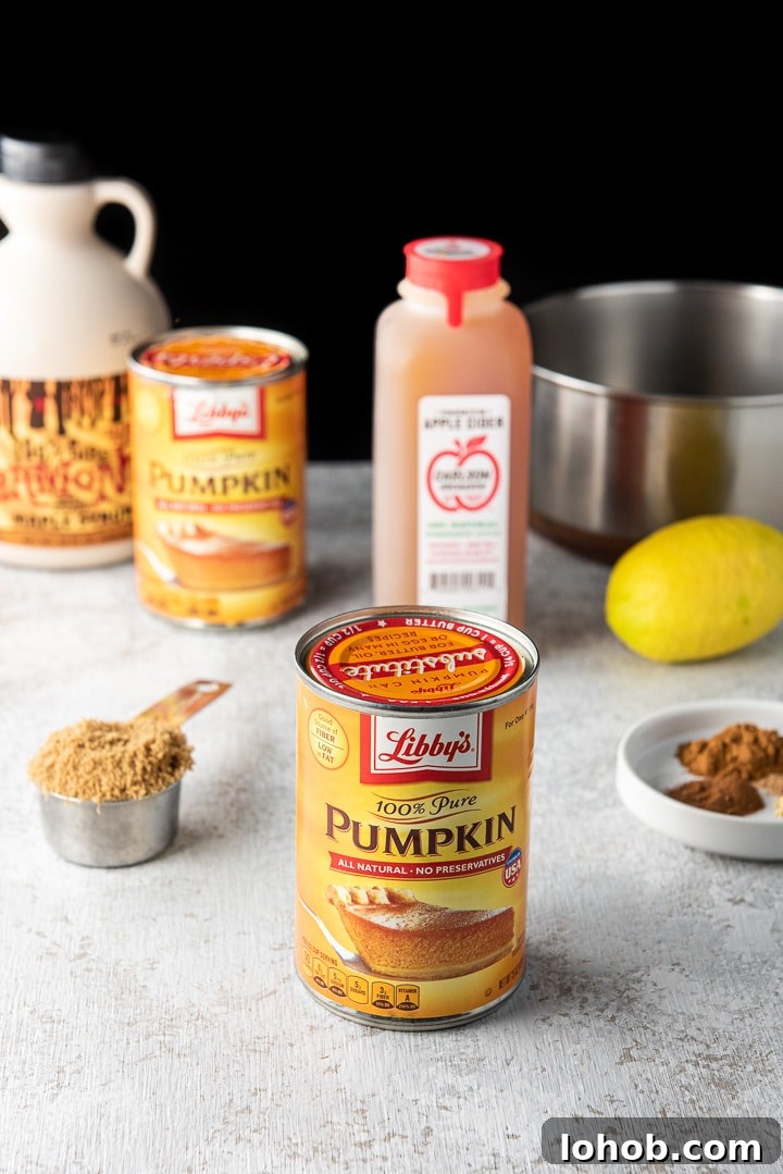 canned pumpkin, brown sugar, spices, lemon, apple cider and maple syrup on a table