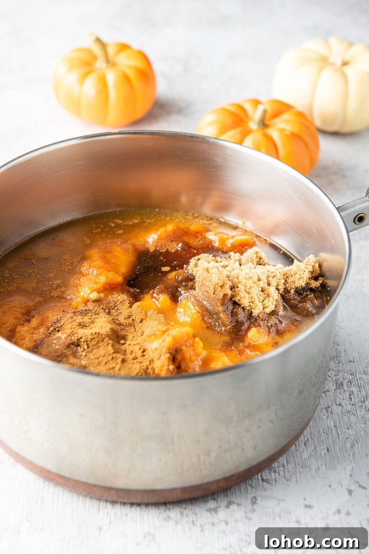 All the ingredients in a pan ready to be stirred for the pumpkin butter recipe