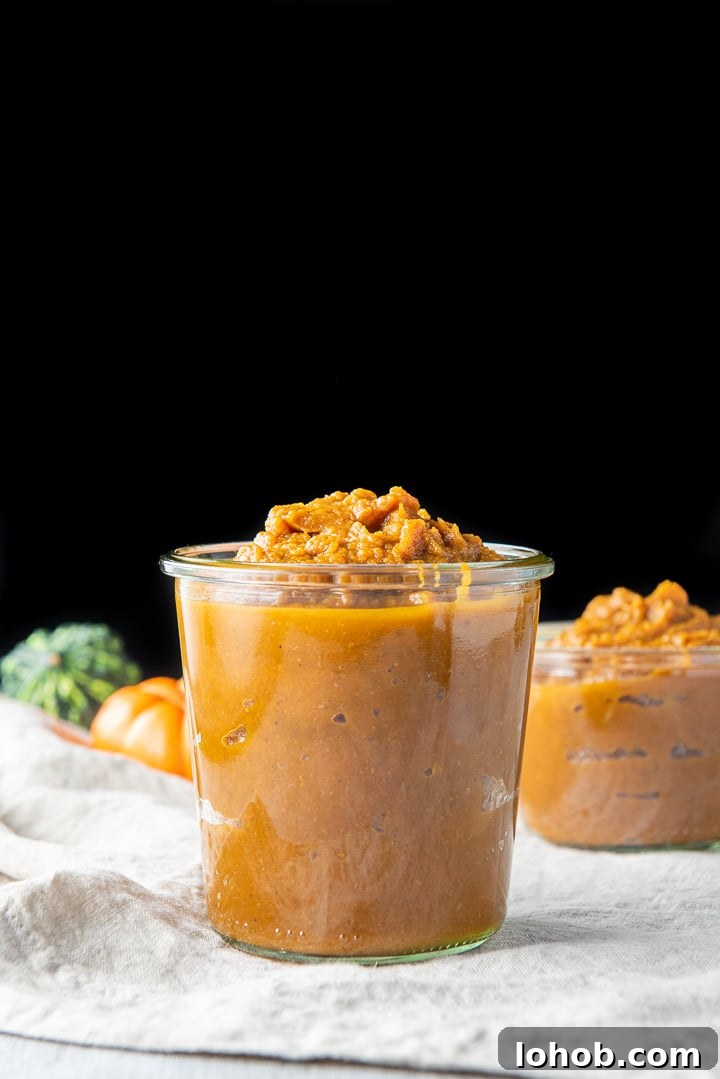 Vertical view of the pumpkin butter in two jars, one big one in front of a smaller one