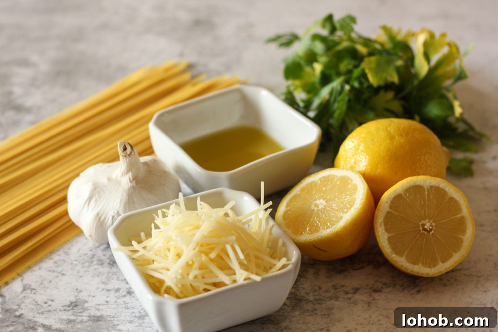 lemon, parsley, noodles, parmesan and garlic