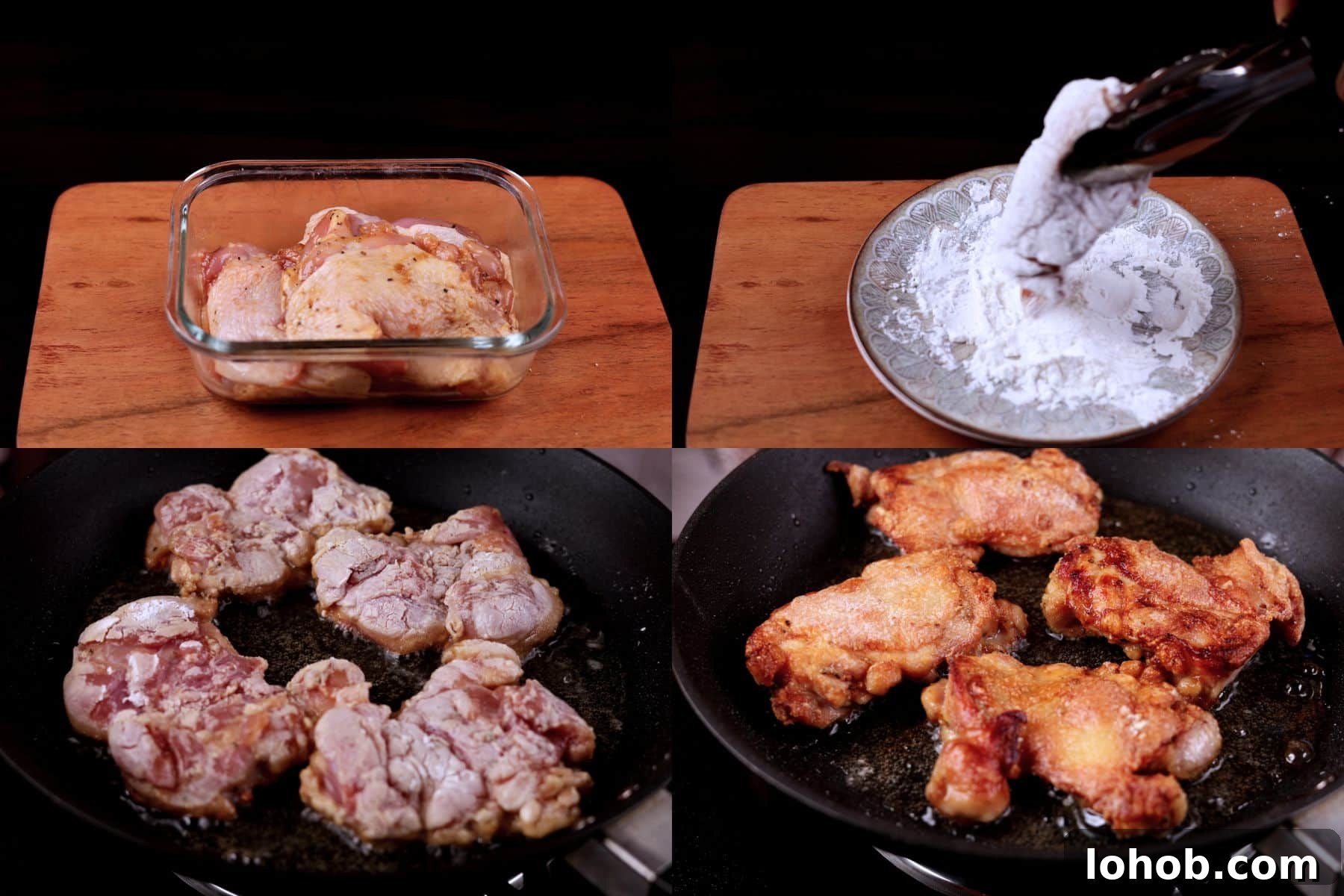 Crispy Honey Garlic Chicken Thighs — One-Pan Recipe 4 Step-by-step: marinating chicken thighs, coating them in cornstarch, and pan-frying until golden and crispy.