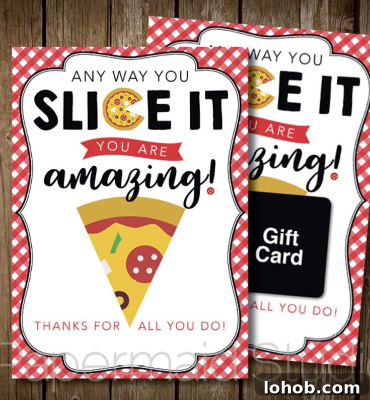 Pizza-themed printable gift card holder.