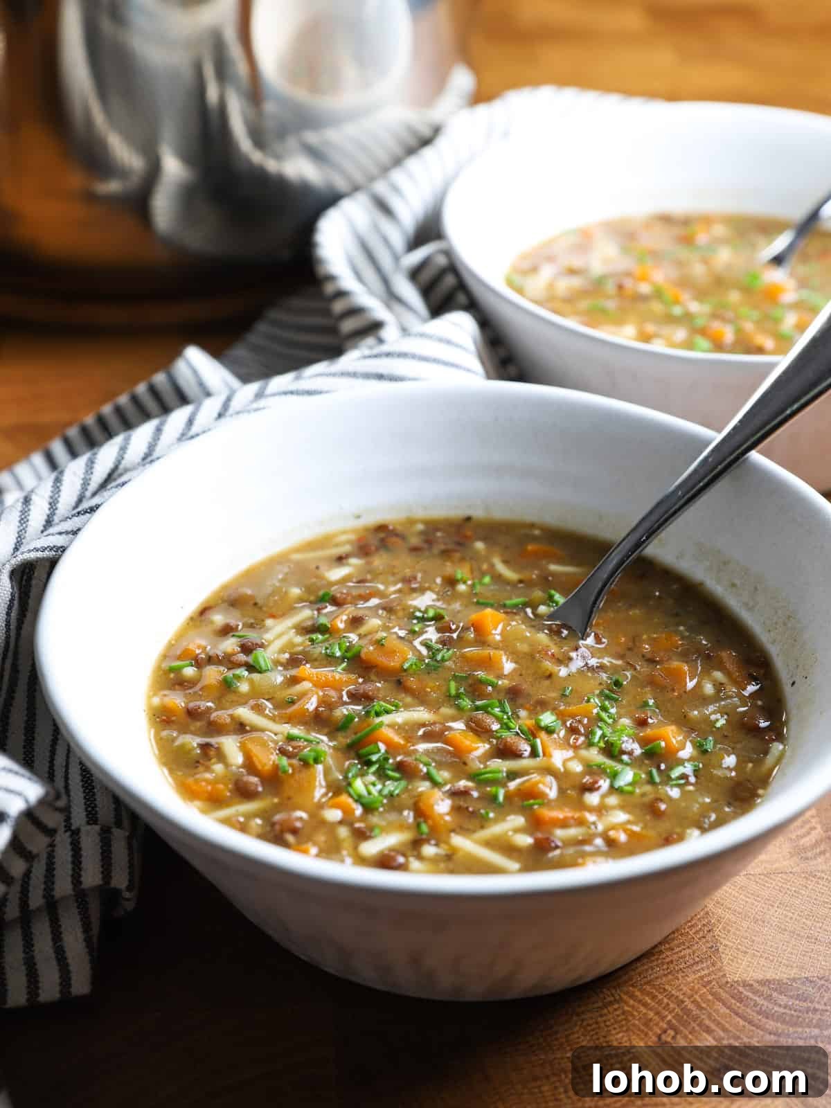 Hearty Vegan Lentil and Vegetable Noodle Soup Recipe 11 Photo showing a bowl of veggie noodle soup in the foreground with another bowl behind and the pot in the background.