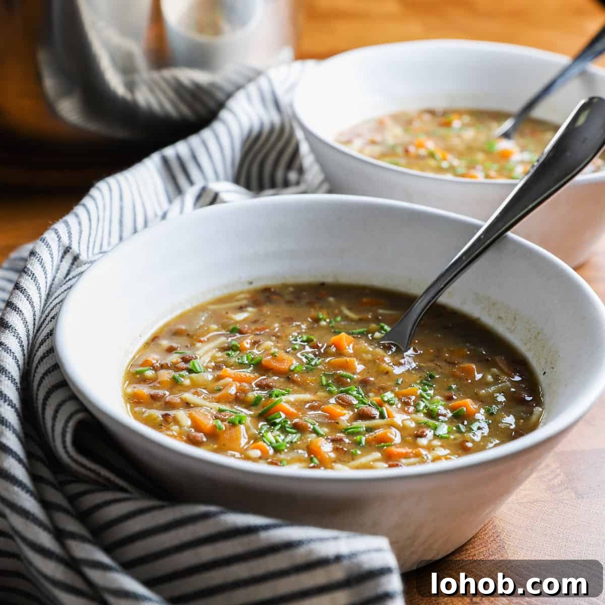 Hearty Vegan Lentil and Vegetable Noodle Soup Recipe 12 Photo showing vegetable lentil noodle soup in a bowl with a napkin.
