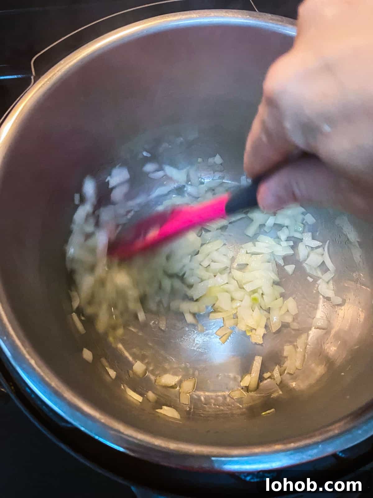 Hearty Vegan Lentil and Vegetable Noodle Soup Recipe 6 Photo of a pan with onion and garlic being stirred around in oil.