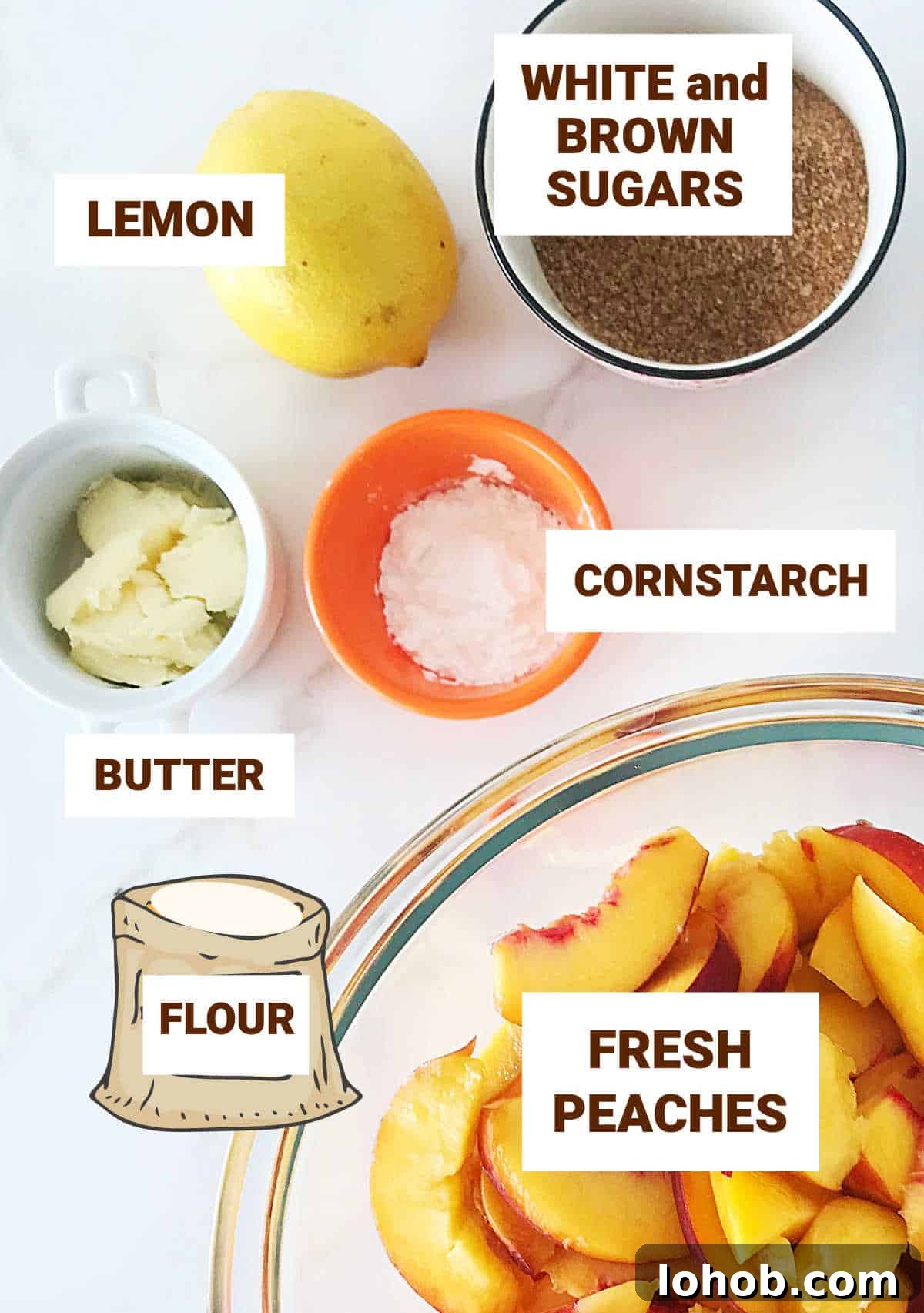 Perfect Peach Pie with Buttery Crumb Topping 4 White surface with ingredients for peach crumb pie in bowls including lemon, butter, brown sugar.