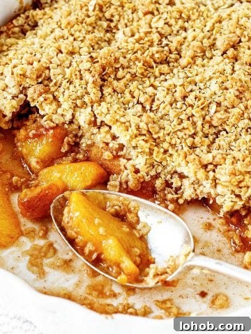 A white round dish with baked peach crumble and a silver spoon.