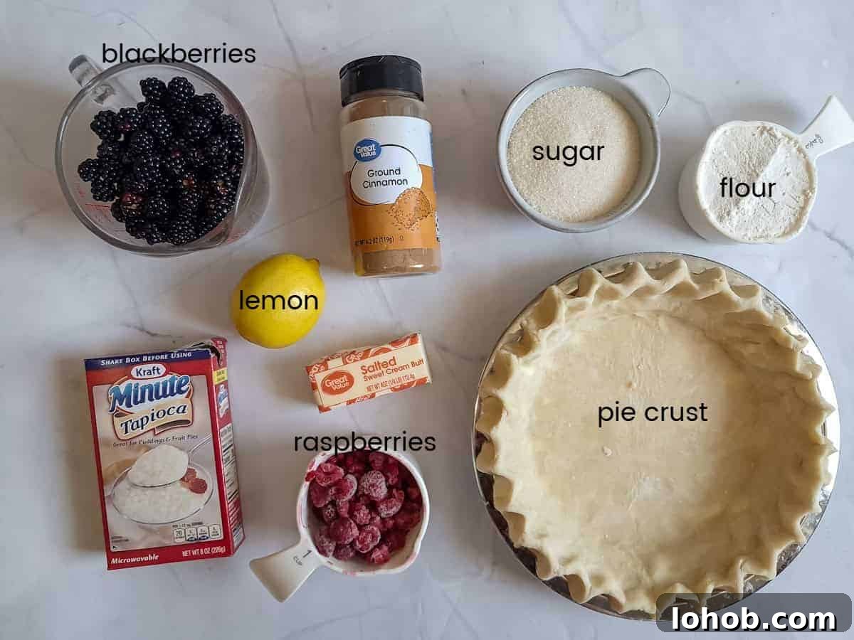 Ingredients: blackberries, raspberries, cinnamon, lemon juice, sugar, flour, minute tapioca, butter, and a pie crust.