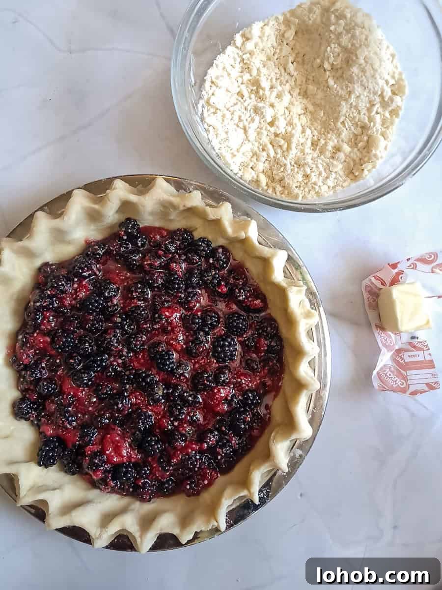 fruit filling in the pie shell and crumb topping in another bowl.