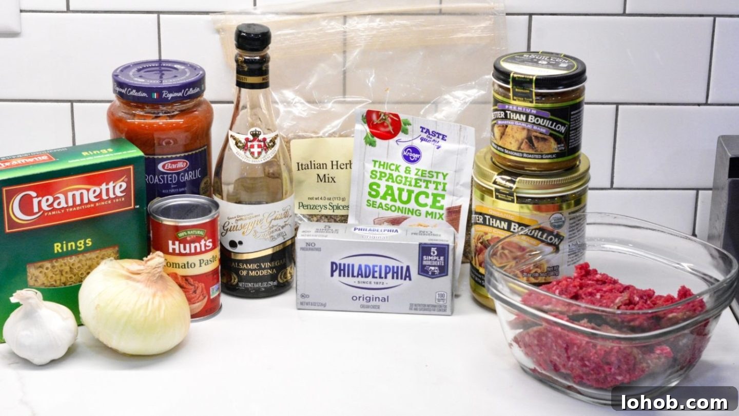 Homemade SpaghettiOs Recipe: Classic Kid-Friendly Pasta in Minutes 3 Spaghettio Ingredients Ground Beef Onion Garlic Spaghetti Sauce Tomato Paste Better than Bouillon Zesty Spaghetti Sauce Seasoning Balsamic Vinegar Italian Herbs Pasta Rings Cream Cheese