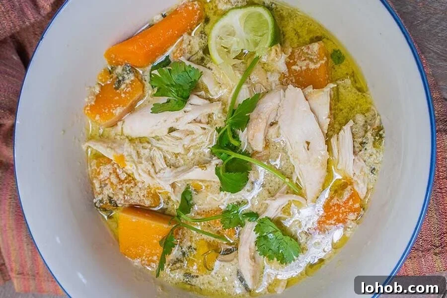 overview of leftover turkey and vegetable soup in a bowl