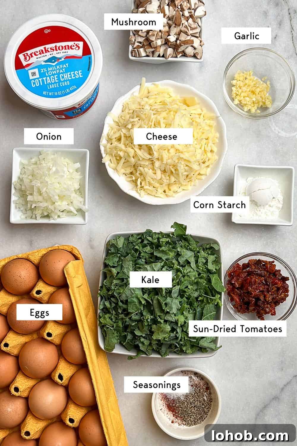 These kale and mushroom egg bites bring all the fluffy, protein-packed goodness of the Starbucks original, with a few flavor-packed upgrades! Labeled ingredients for kale and mushroom egg bites recipe.