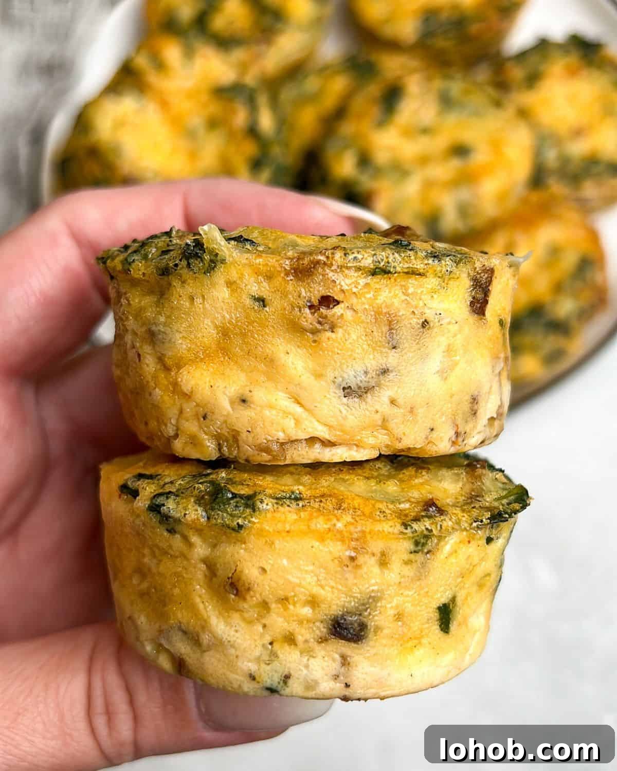 These kale and mushroom egg bites bring all the fluffy, protein-packed goodness of the Starbucks original, with a few flavor-packed upgrades! A hand holding a 2 kale and mushroom egg bites up to the camera.