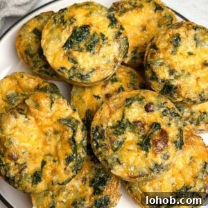 Kale & Mushroom Egg Bites – Savory Protein-Packed Breakfast Bites 2 Kale and mushroom egg bites piled on a plate.