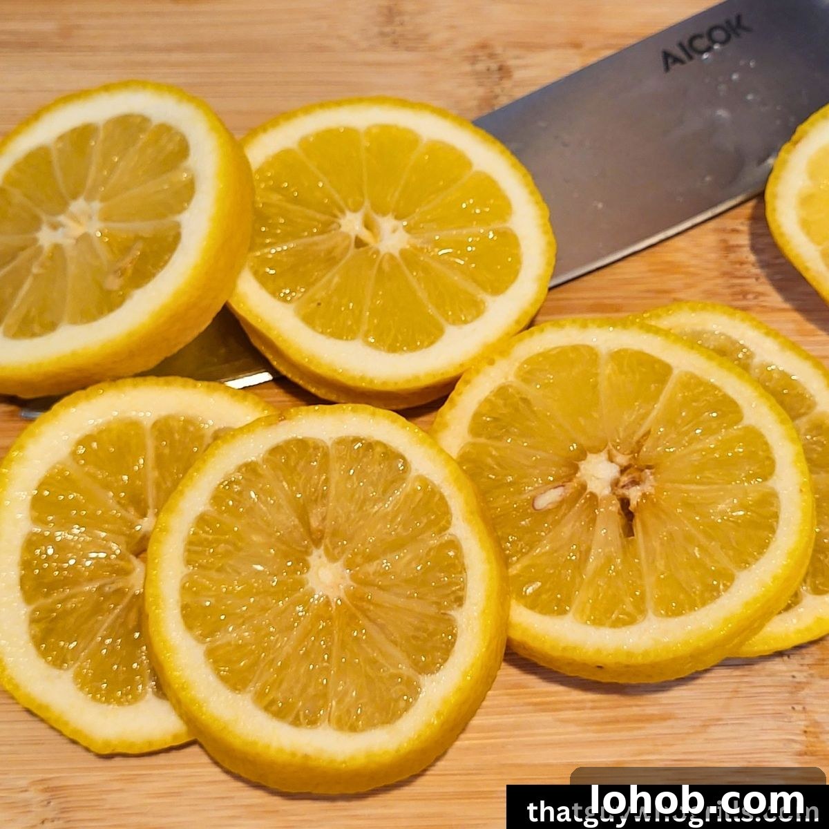 Grilled Salmon in Foil Packets with Lemon and Herbs 4 Sliced lemons on a cutting board with a knife