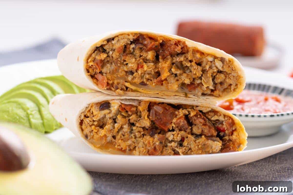 Breakfast chorizo burrito sliced in half on plate.