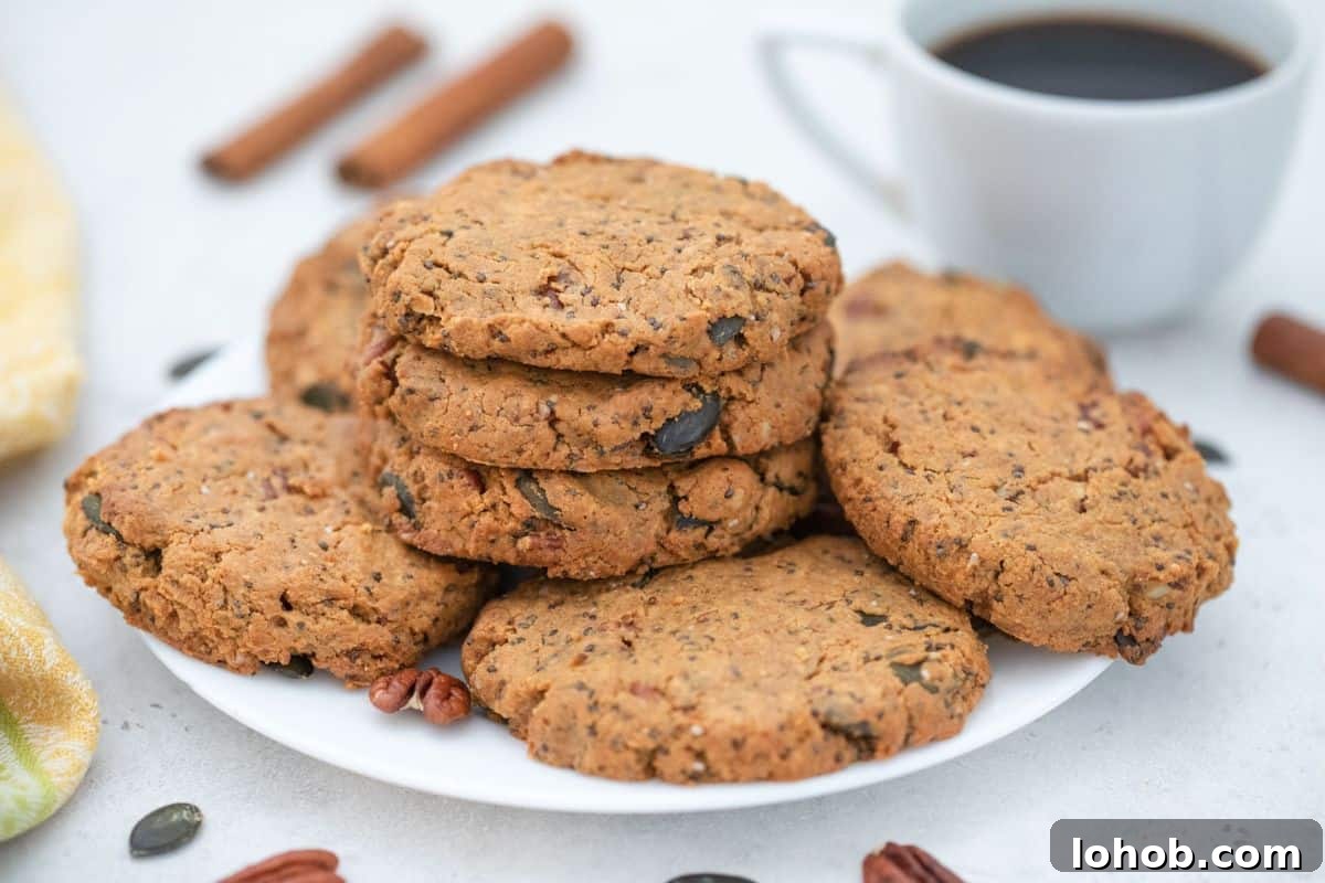 Seed and nut butter cookies on plate served with coffee.