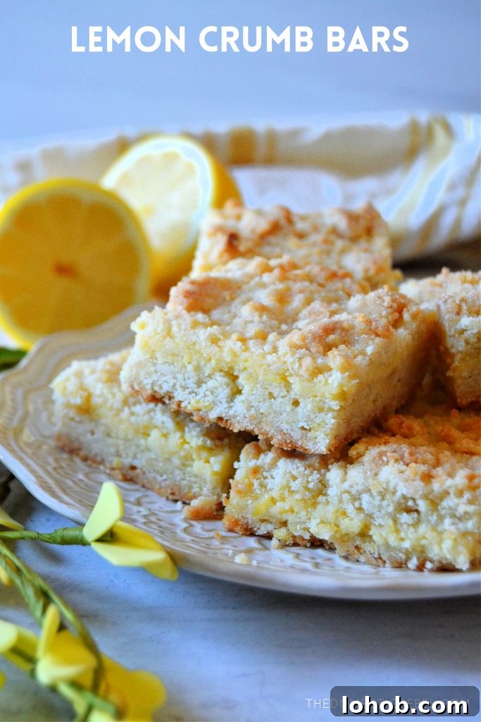 lemon crumble bars arranged on a white plate with lemons in background