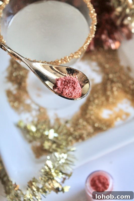 add pink or rose gold edible glitter to cocktail to turn it pink