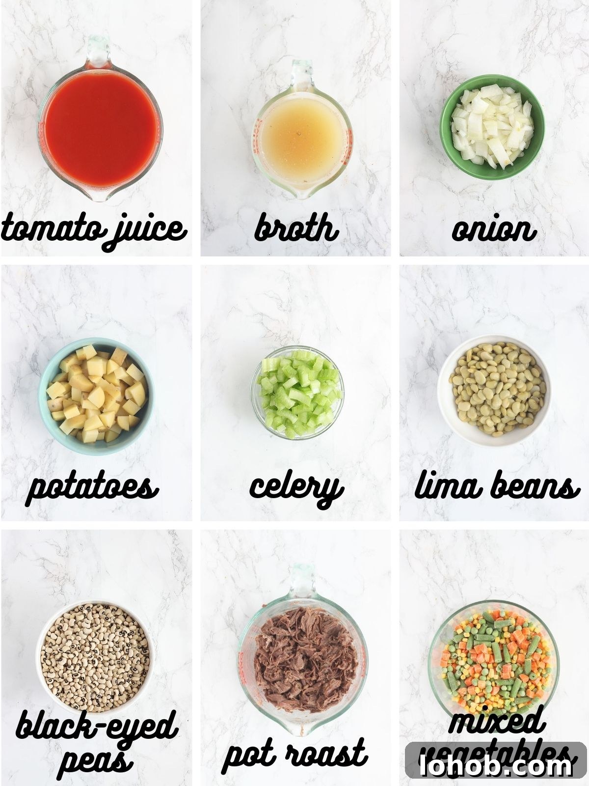 Hearty Vegetable and Beef Soup Recipe for Family Meals 3 ingredients for vegetable beef soup include tomato juice, chicken broth, onion, potatoes, celery, lima beans black eyed peas, cooked shredded beef and frozen mixed vegetables