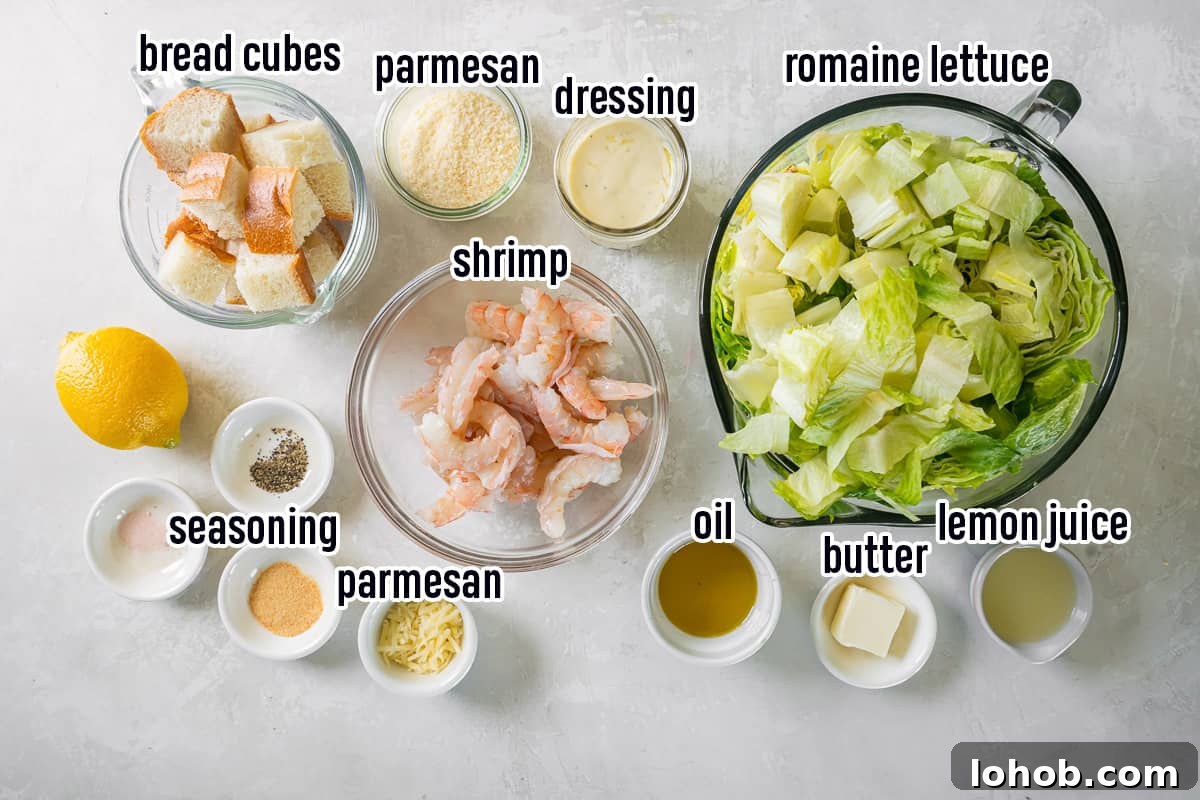 Grilled Shrimp Caesar Salad with Crispy Parmesan Croutons 4 Shrimp, bread cubes, Caesar salad dressing, and other ingredients in bowls with text.