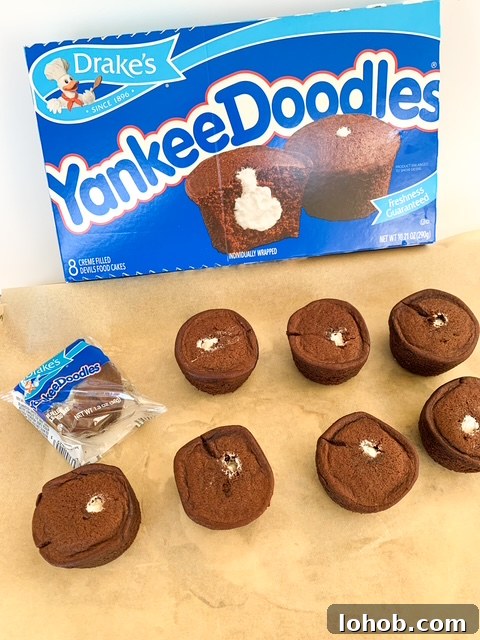 Cookies and Cream Stuffed Layer Cake Recipe 6 unwrapped drake's yankee doodle cakes