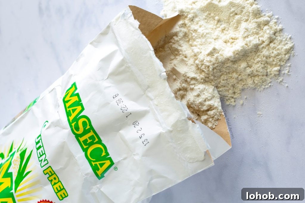 Maseca brand masa four spilling out of the bag.