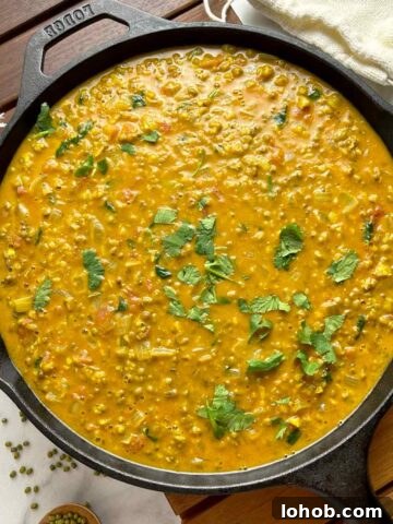 mung bean and coconut curry in cast iron pan