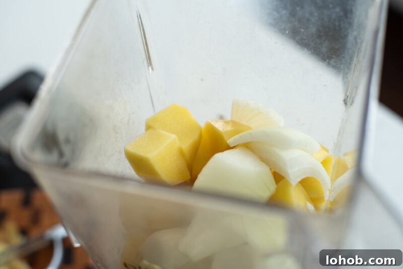 Potato chunks and onion in a blender to make gamja-jeon batter
