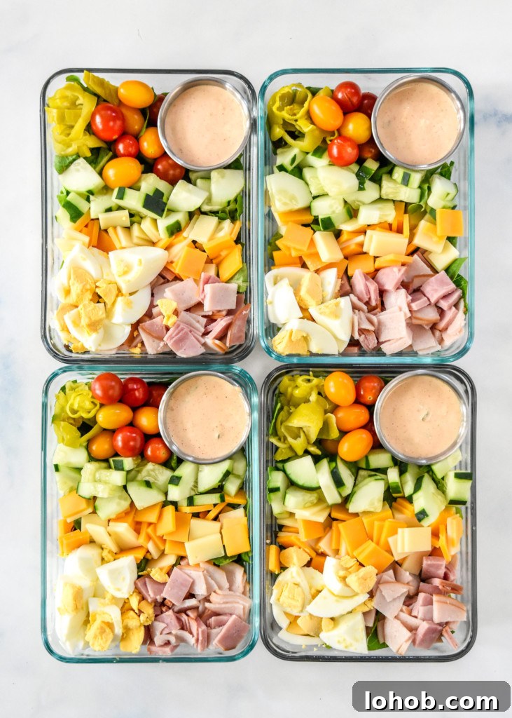 easy chef salad meal prep in rectangular glass containers.