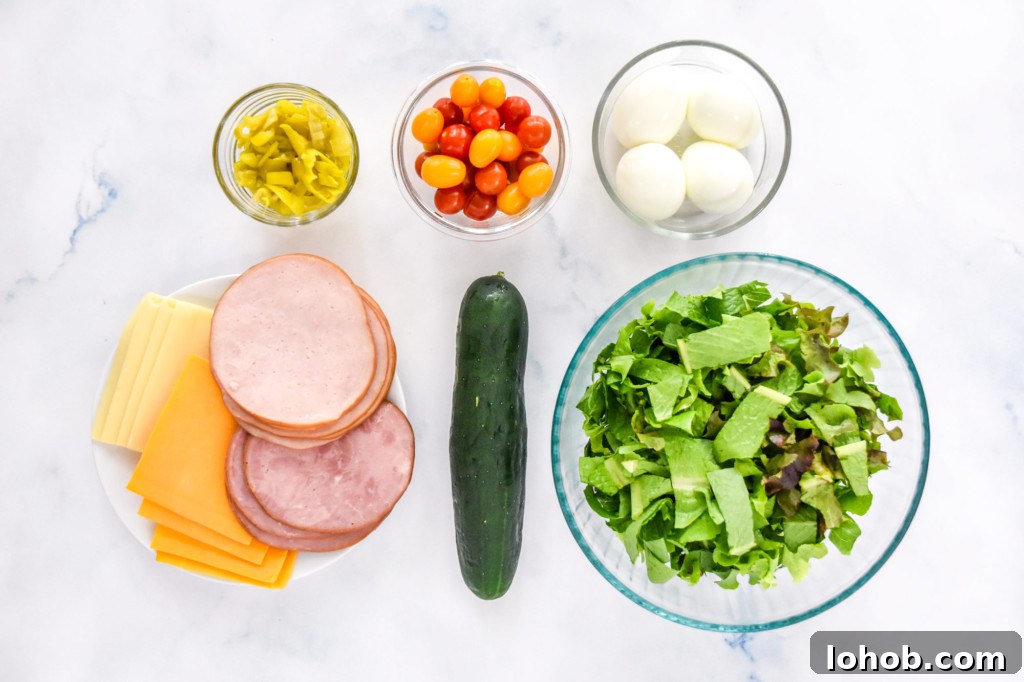 ingredients for the easy chef salad meal prep before cutting.