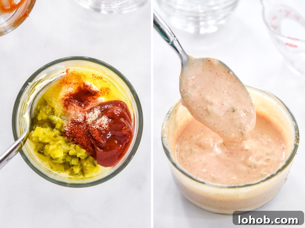 before and after mixing up the dressing for the easy chef salad meal prep.
