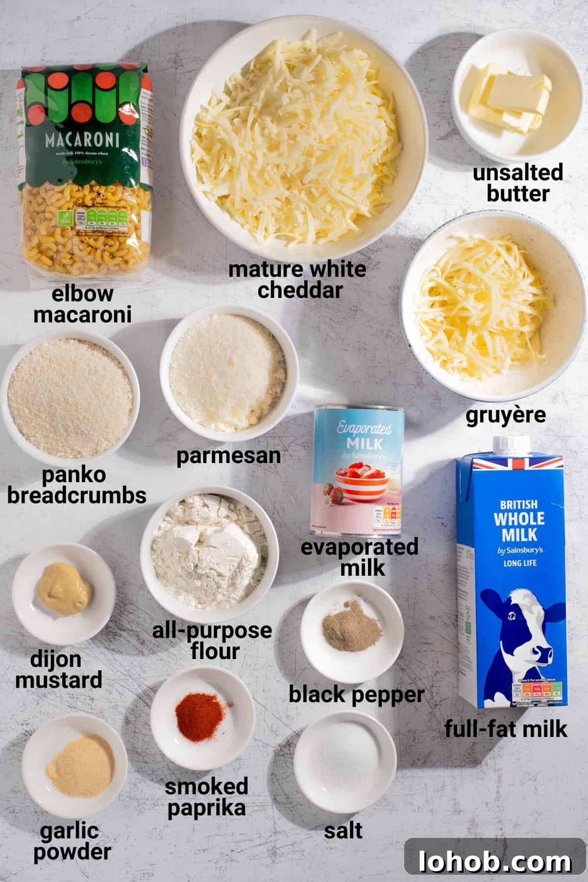 Creamy Baked Three-Cheese Macaroni with Garlic Parmesan Crumb Top 3 Three cheese mac and cheese ingredients.