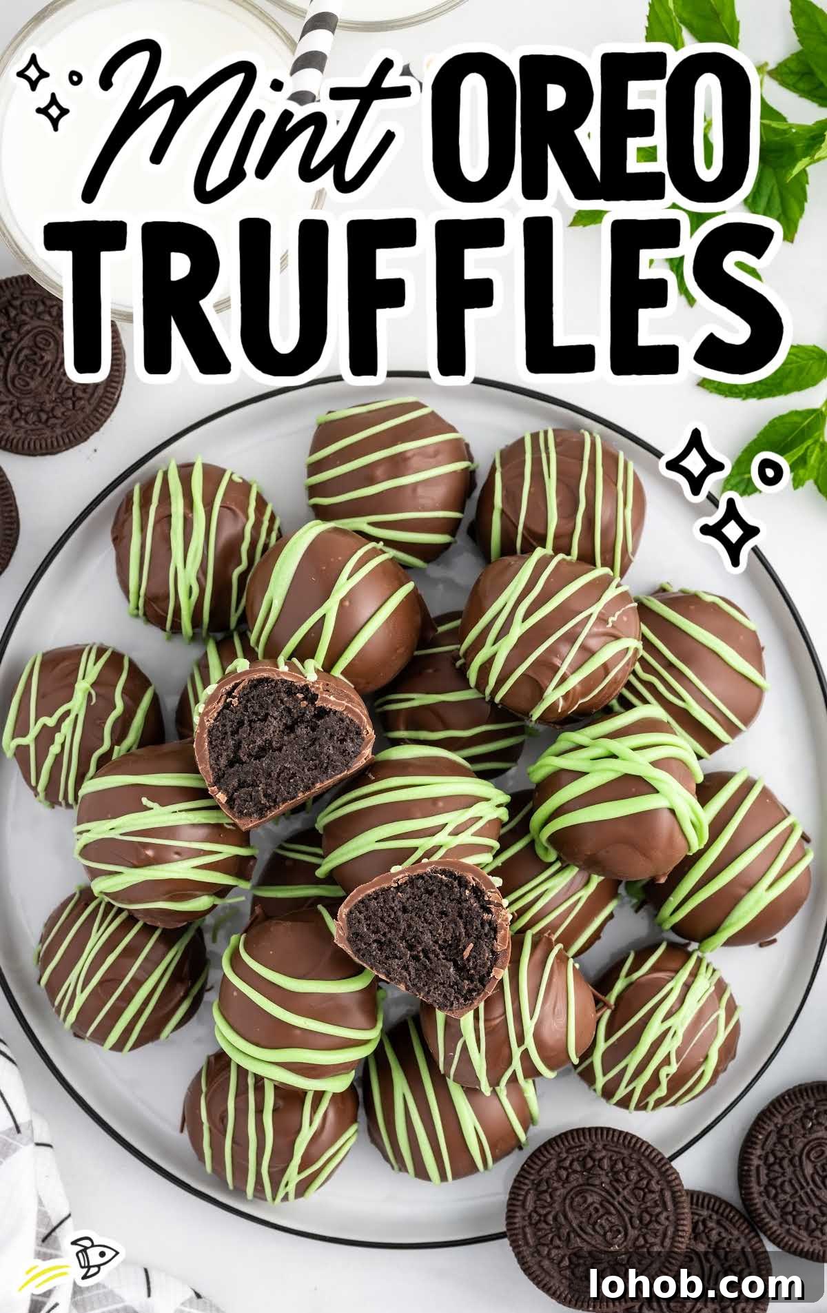 overhead shot of Mint Oreo Truffles on a plate with one split in half
