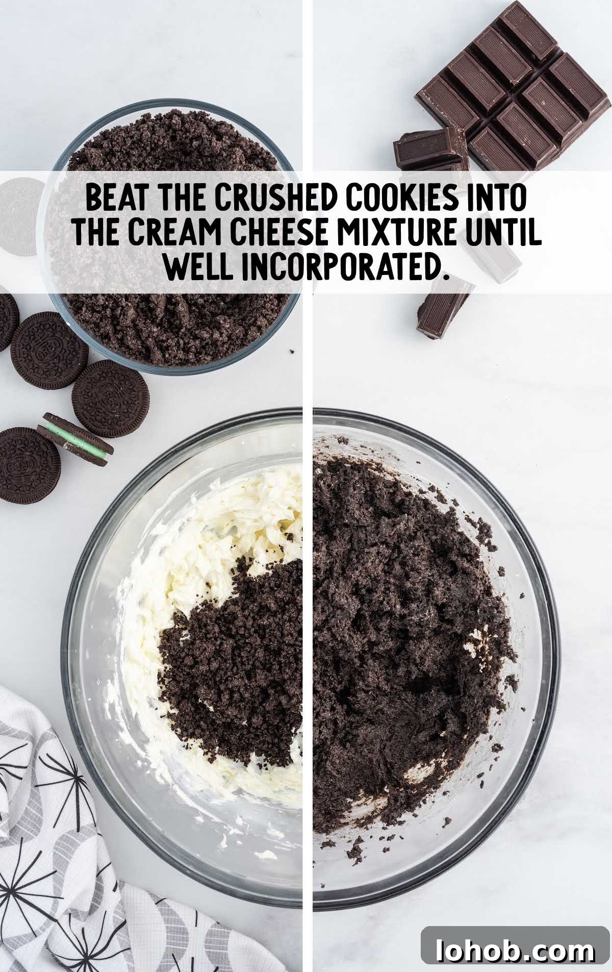 crushed cookies added to the cream cheese mixture and folded together in a bowl
