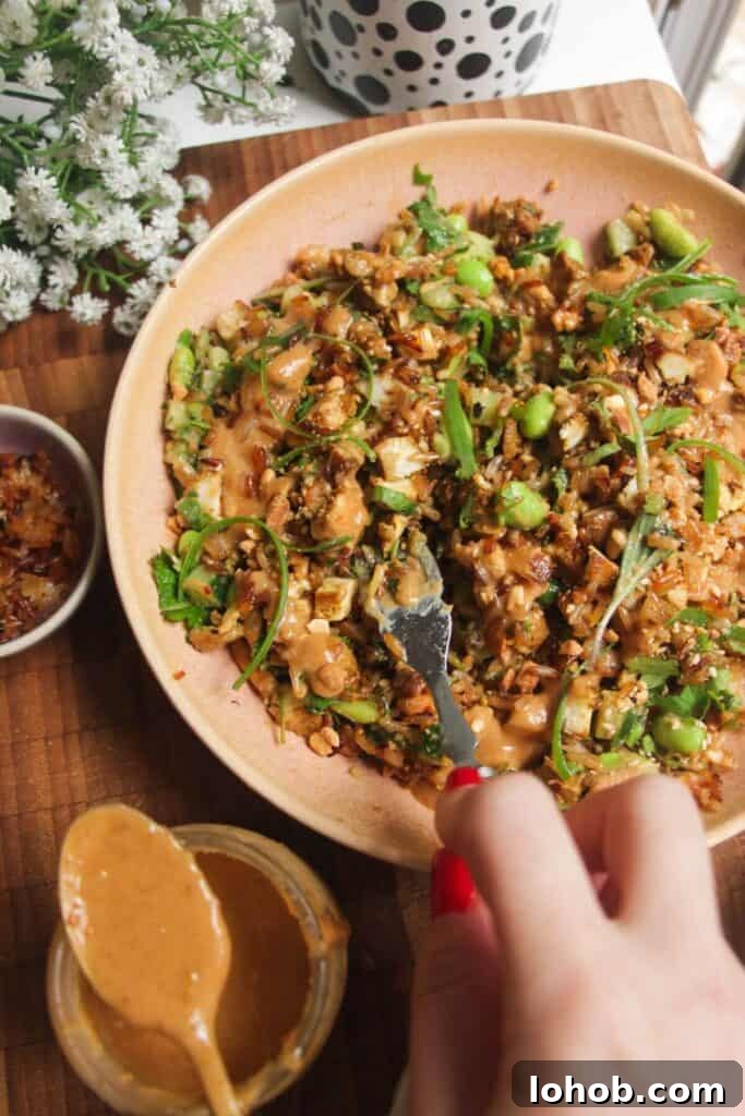 Satay crispy rice salad in a pink bowl.