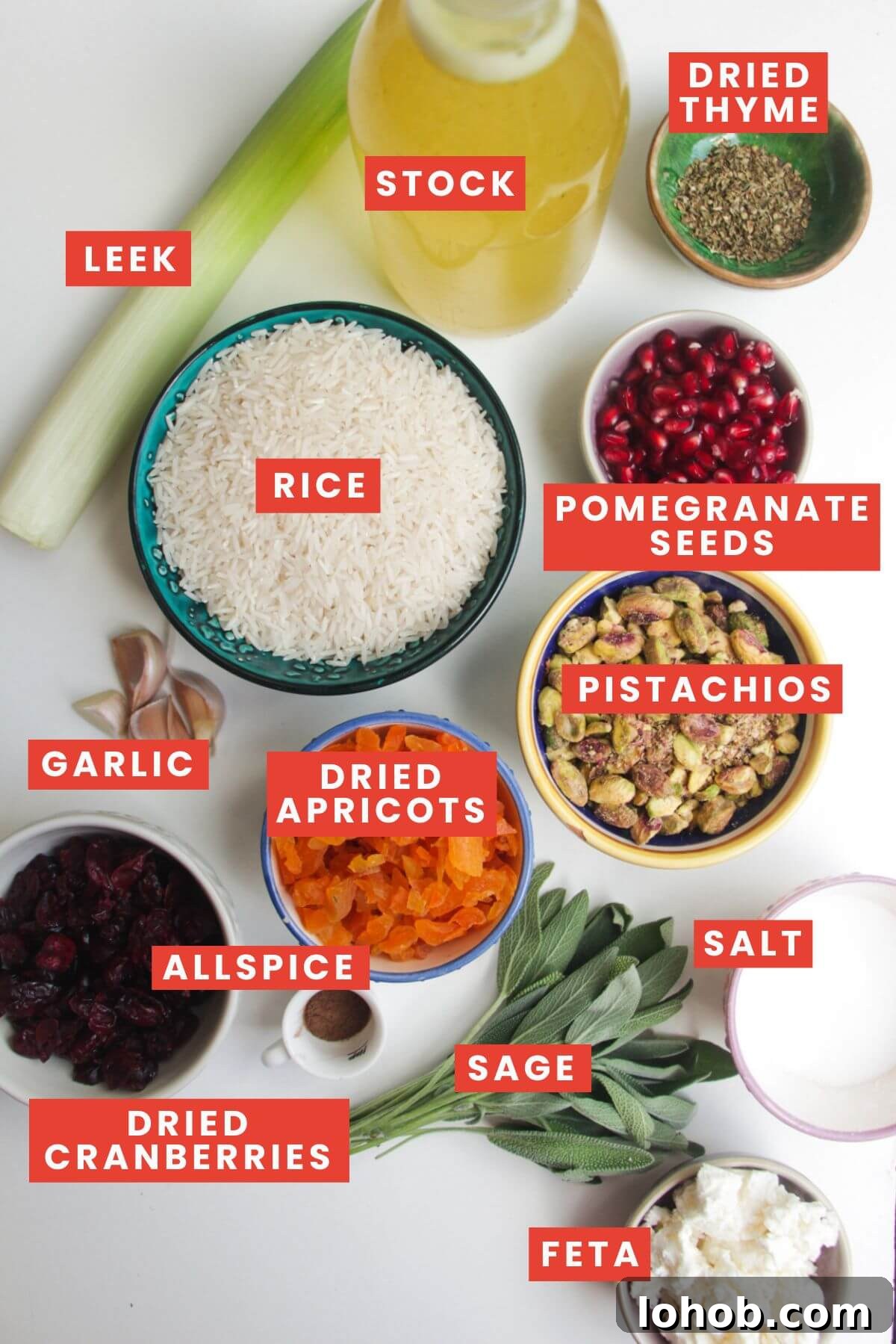 Ingredients for celebration baked rice laid out and labelled.