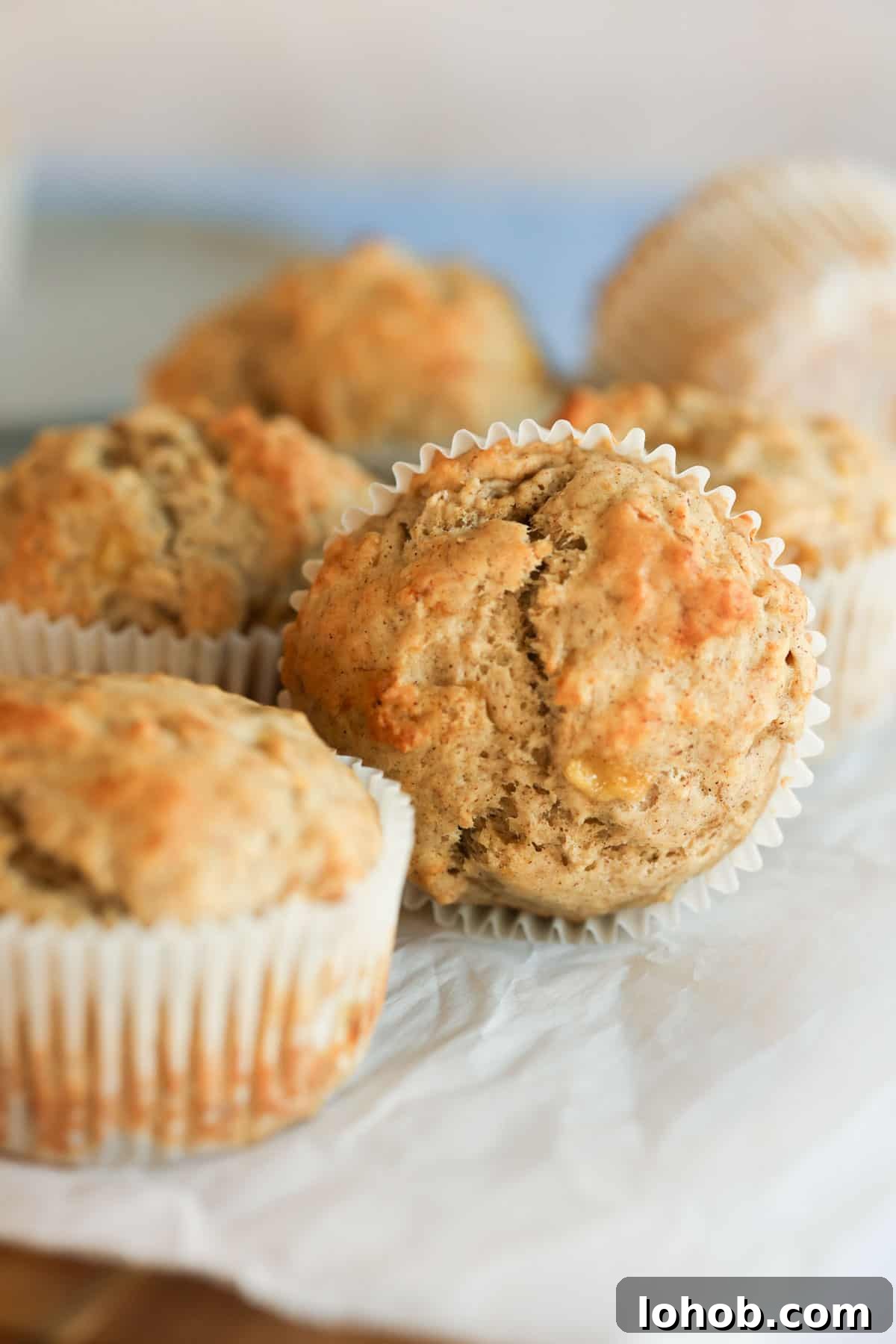 One banana bread muffin on it's side.