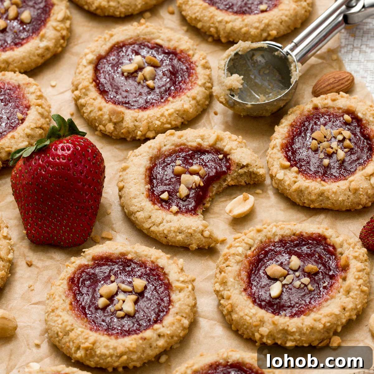 Gluten-Free Peanut Butter and Jelly Thumbprint Cookies 2 Several gluten-free peanut butter jelly cookies on parchment paper with one bite taken out of the center cook.