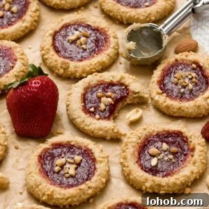 Gluten-Free Peanut Butter and Jelly Thumbprint Cookies 15 Several gluten-free peanut butter jelly cookies on parchment paper with one bite taken out of the center cook.