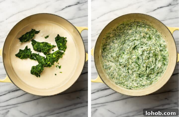 adding spinach to a pot for creamed spinach