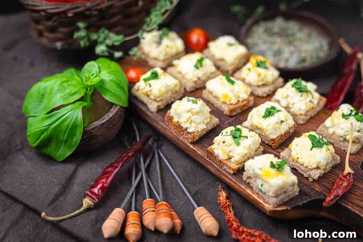 25 Morning Breakfast Ideas to Refresh Your Weekly Menu 13 Several pieces of bread topped with a creamy feta and herb eggs, arranged on a wooden board, surrounded by fresh basil, dried chilies, and cherry tomatoes.